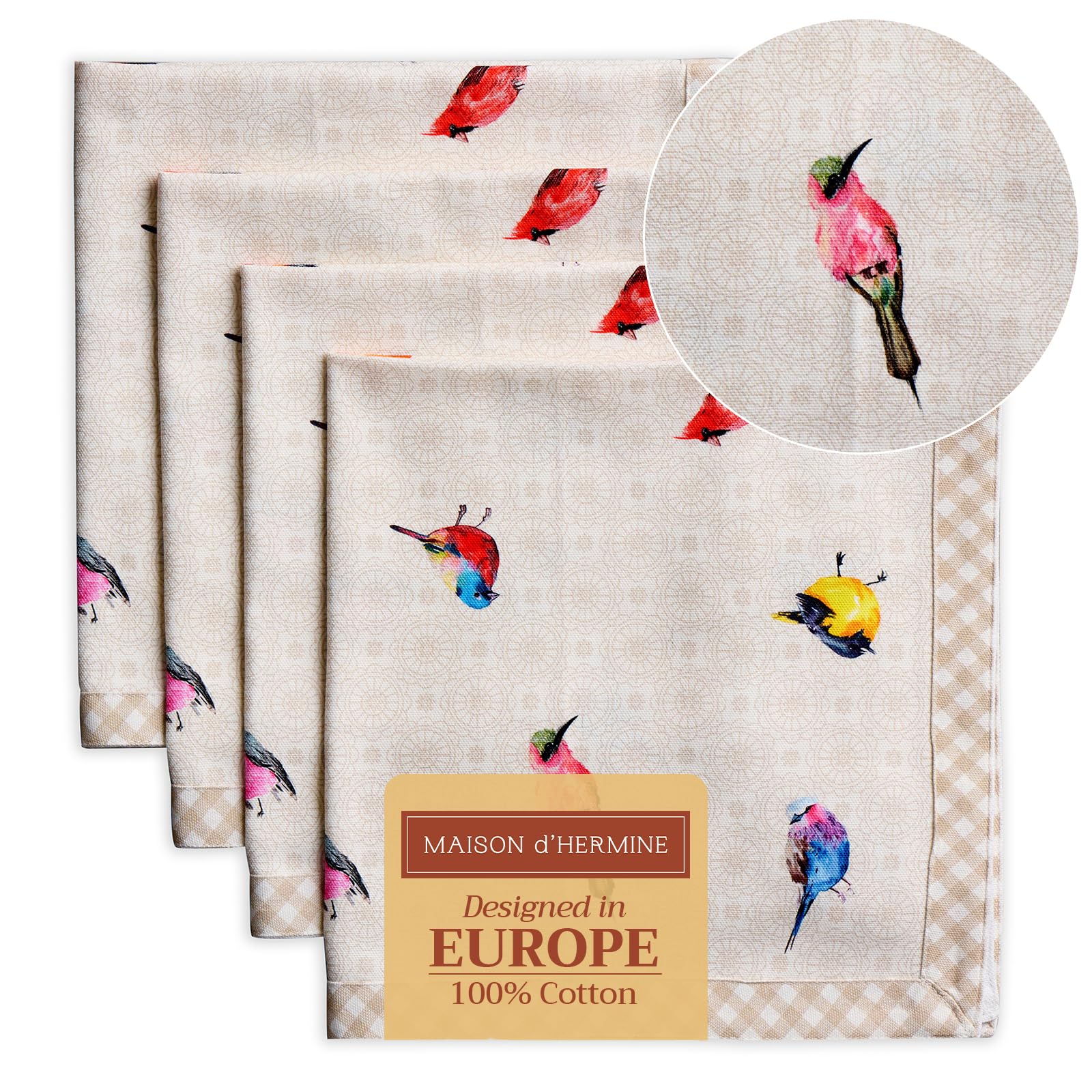 Maison d' Hermine Cloth Napkins Set of 4 100% Cotton Everyday Reusable Square Napkins Cloth Washable Dinner Party Wedding Restaurant Gifts for Mothers Day (Birdies On Wire, 45 CM x 45 CM)