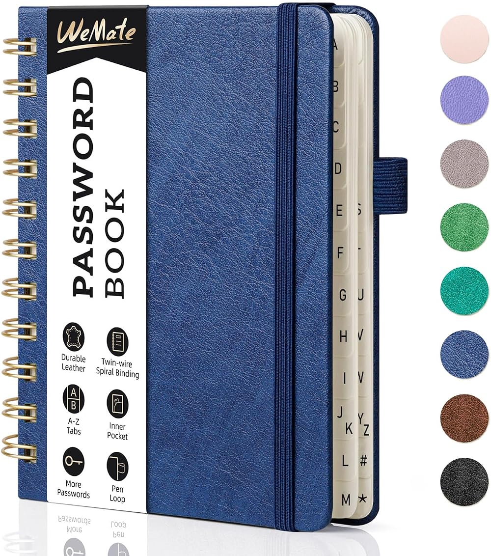 WEMATE Spiral Password Book with Alphabetical Tabs Navy Blue 12x15cm