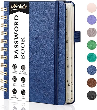WEMATE Spiral Password Book with Alphabetical Tabs Navy Blue 12x15cm