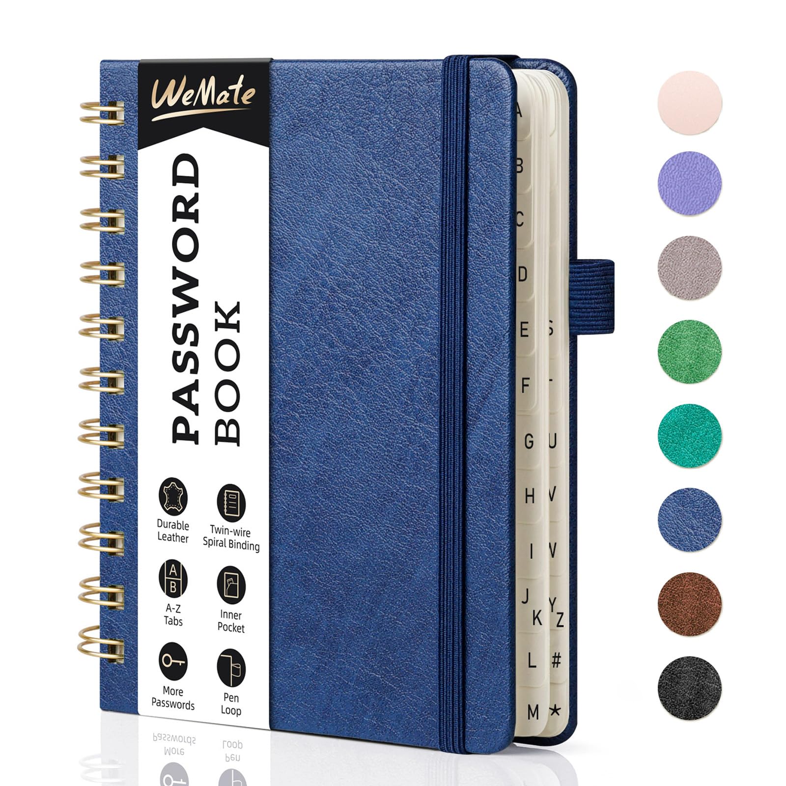 WEMATE Spiral Password Book with Alphabetical Tabs, Small Password Keeper Book for Seniors, Internet Password Notebook Hardcover Password journal logbook – 12 x 15cm (Navy Blue) — image 1