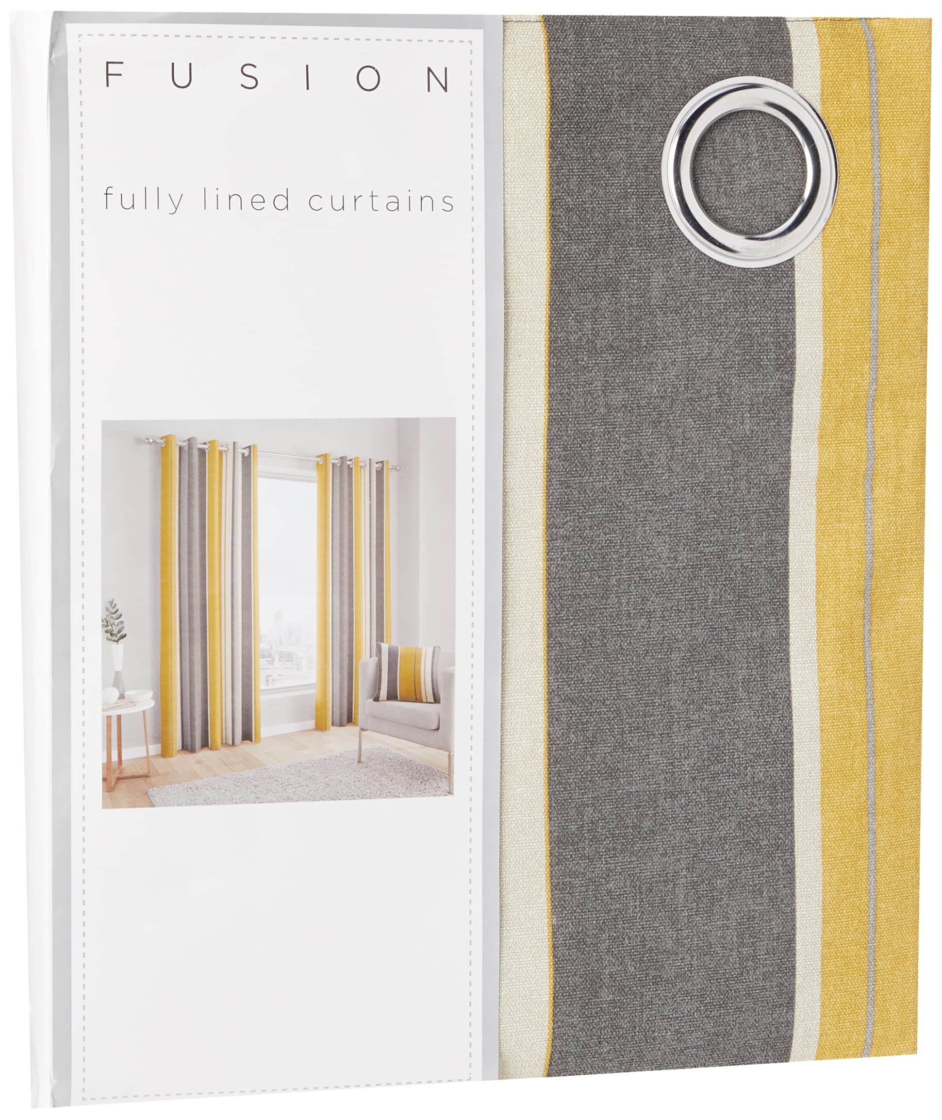 Fusion Matteo Grey & Ochre Stripe Cotton Curtains – W46 x L54" (117x137cm) – 2 Panels – Eyelet Drapes for Bedroom or Living Room – Yellow & Grey Striped Design – Matching Cushion Sold Separately