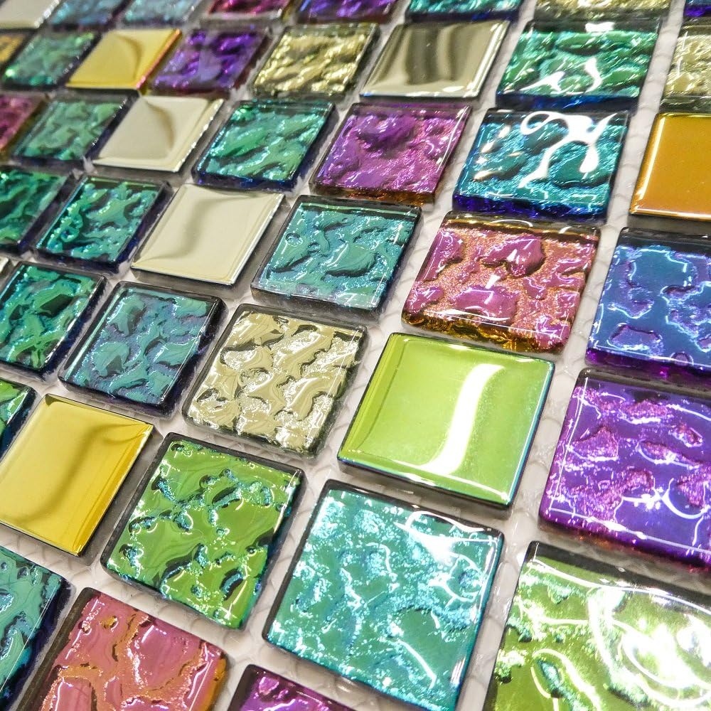 Iridescent Mix Glass Square Mosaic Tiles Walls Floors Bathroom Kitchen 30cm x 30cm (1 Sheet 30cm