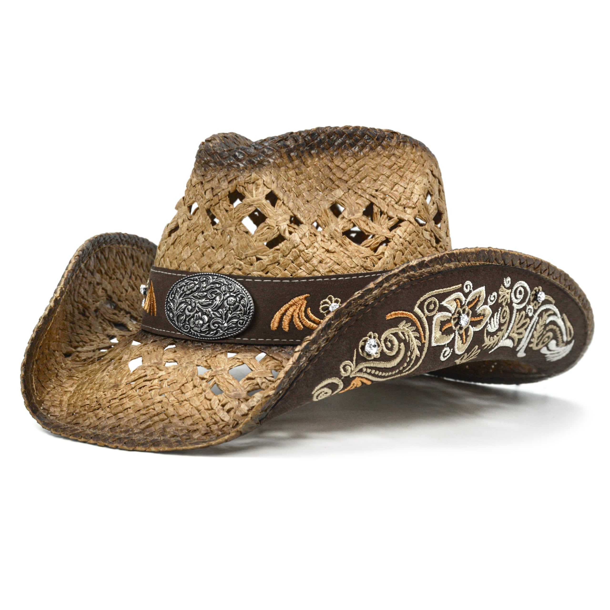 Photo 1 of FLUFFY SENSE. Cowboy Hats for Women and Men Straw Western Hat Embroidered Cowboy Hat for Cowboys and Cowgirls (US, Alpha, Medium, Large, Brunette)