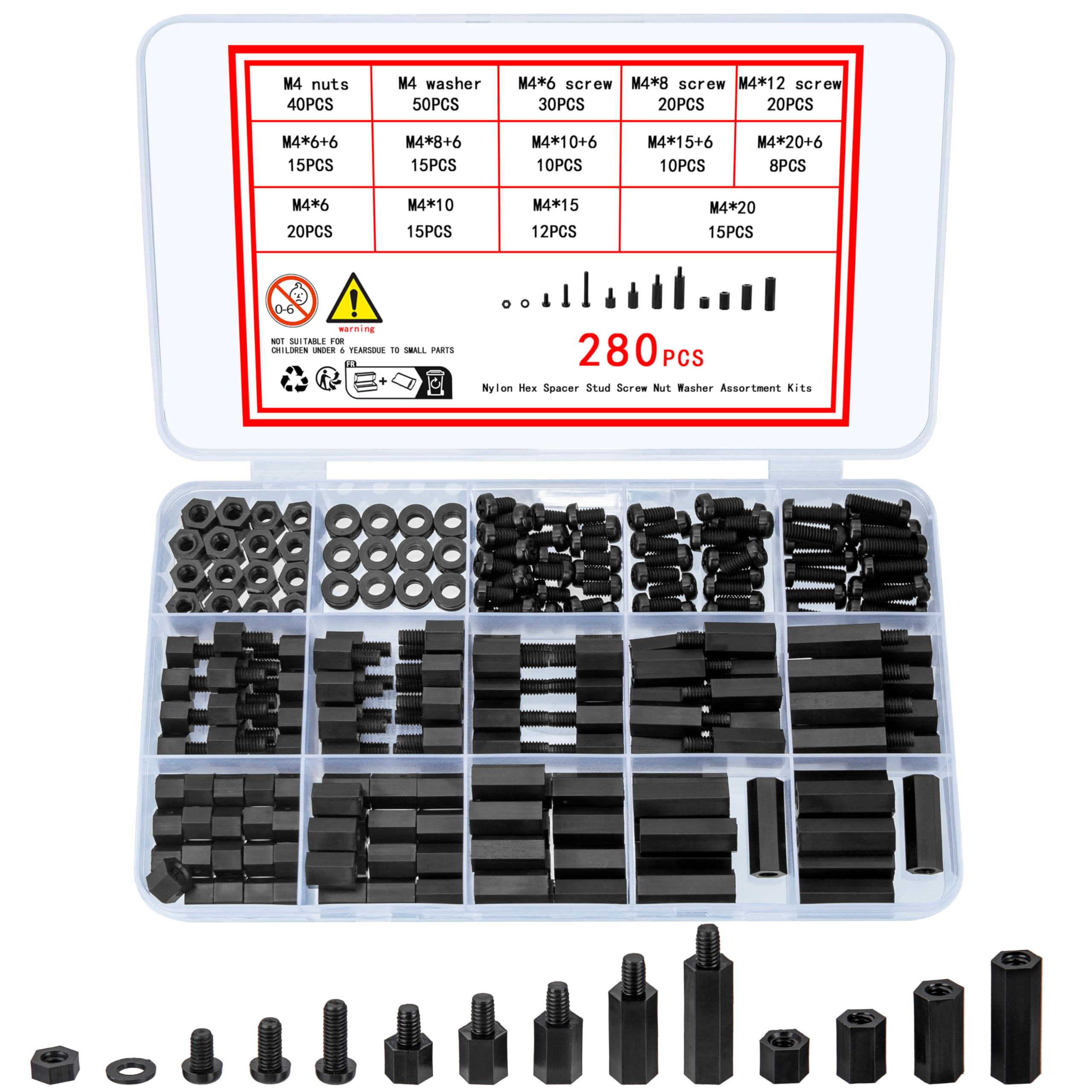 Ewwtrey 280 Pcs M4 Male Female Nylon Spacer Standoff Screw Nuts, Assorted Black Nylon Threaded Pillars, Cross Head Standoff Spacer Pillar Spacers Washers Assortment Kit for PCB Board Motherboard