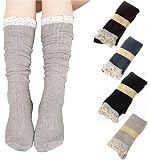 RRiody 4 Pairs Women Crochet Lace Trim Cotton Knit Footed Leg Boot Knee High Stocking
