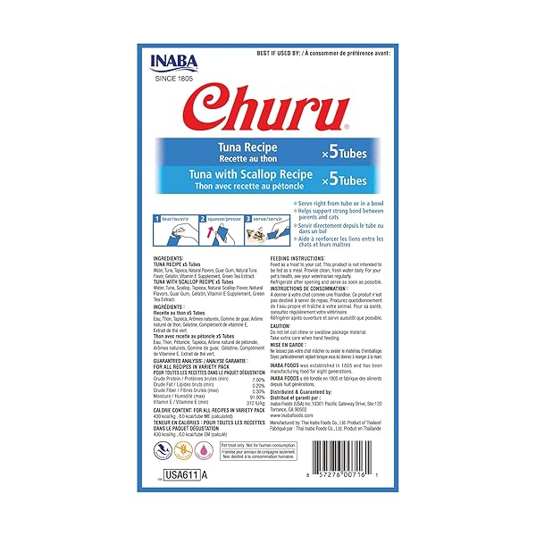 INABA CHURU CAT TREATS, GRAIN-FREE, LICKABLE, SQUEEZABLE CREAMY PURÉE CAT TREAT/TOPPER WITH VITAMIN E & TAURINE, 0.5 OUNCES EACH TUBE, 10 TUBES TOTAL/TWO FLAVORS, TUNA VARIETY