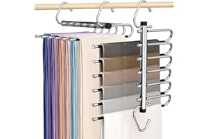 BESSLLY Pre-Assembled Pants Hangers Space Saving, 2 Pack 6 Tier Stainless Steel Multifunctional Pants Rack Closet Organizers Metal Hangers for Pants, Jeans, Trousers, Scarf, Slack, Skirts, Clothes, Argent