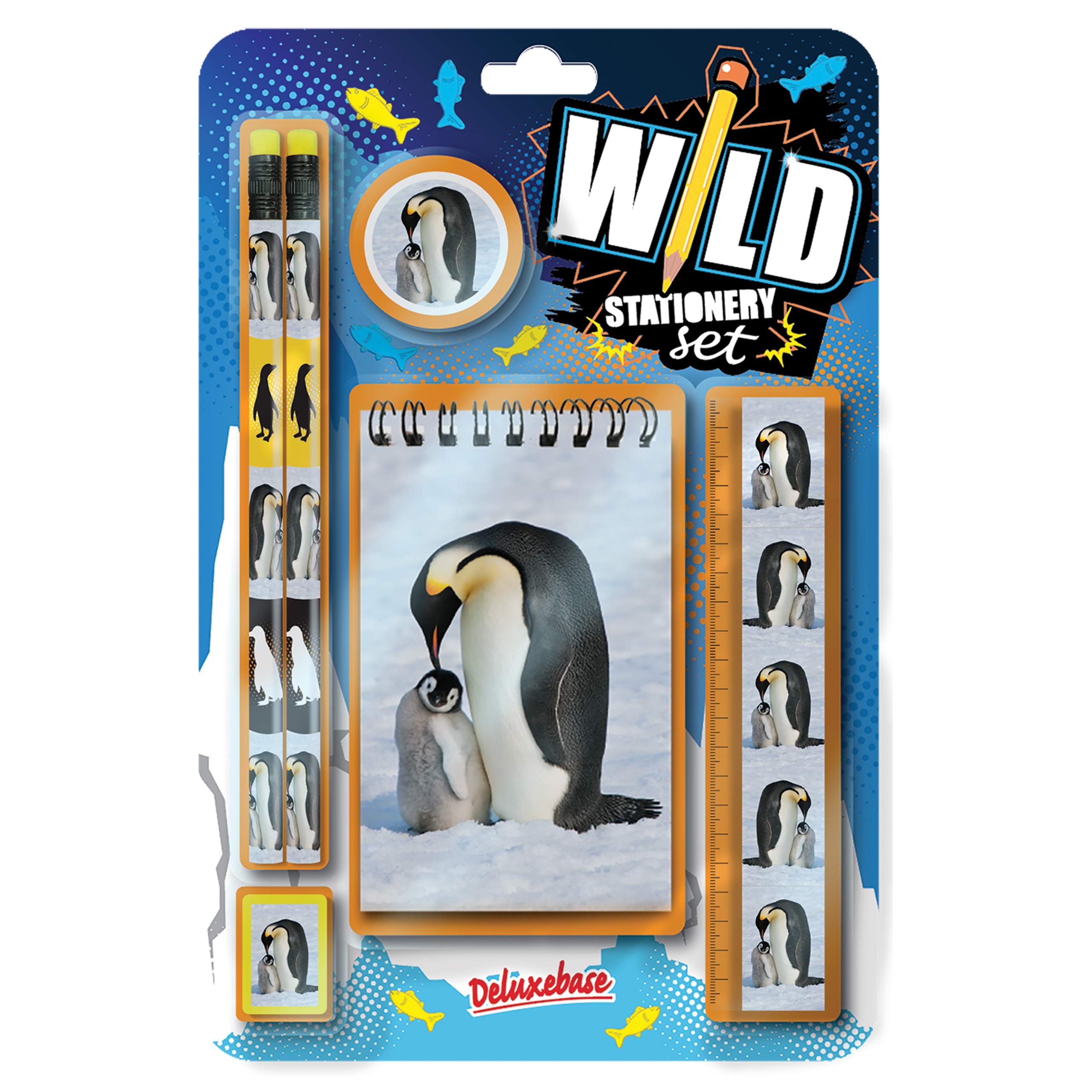 Wild Stationery Set - Penguin by Deluxebase These Fun School Supplies Kits Include 2 Pencils, Eraser, Pencil Sharpener, Ruler and Notebook, Stationery Set