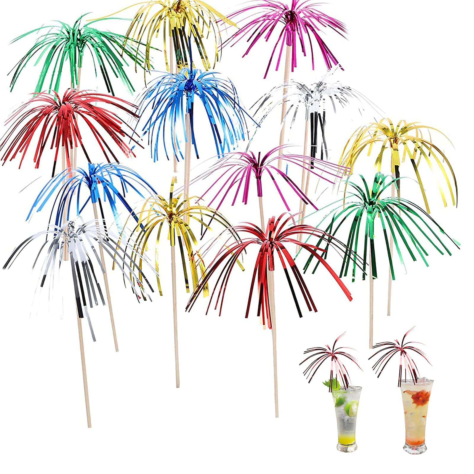 200PCS Palm Tree Picks, Fireworks Cocktail Sticks Sparkle Cocktail Accessories for Drinks, Wooden Cocktail Toppers Cocktail Decorations for Beach Party Decoration (Mixed Colors)