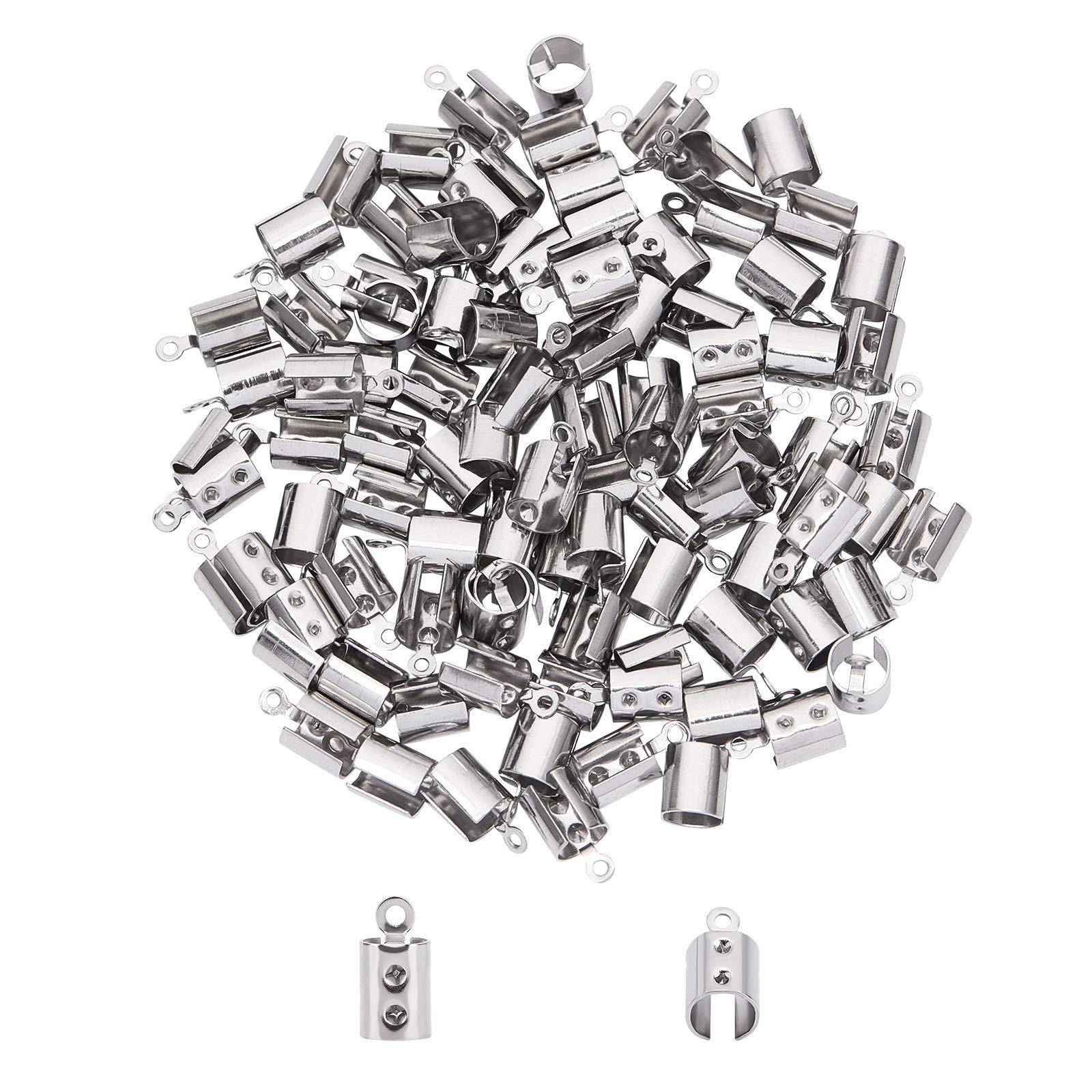 UNICRAFTALE 200pcs Folding Crimp Ends Crimps Ends Fold Over Cord Ends 6mm Terminators Clamp End Tips Jewelry Finding Kit for Bracelets, Stainless Steel Color