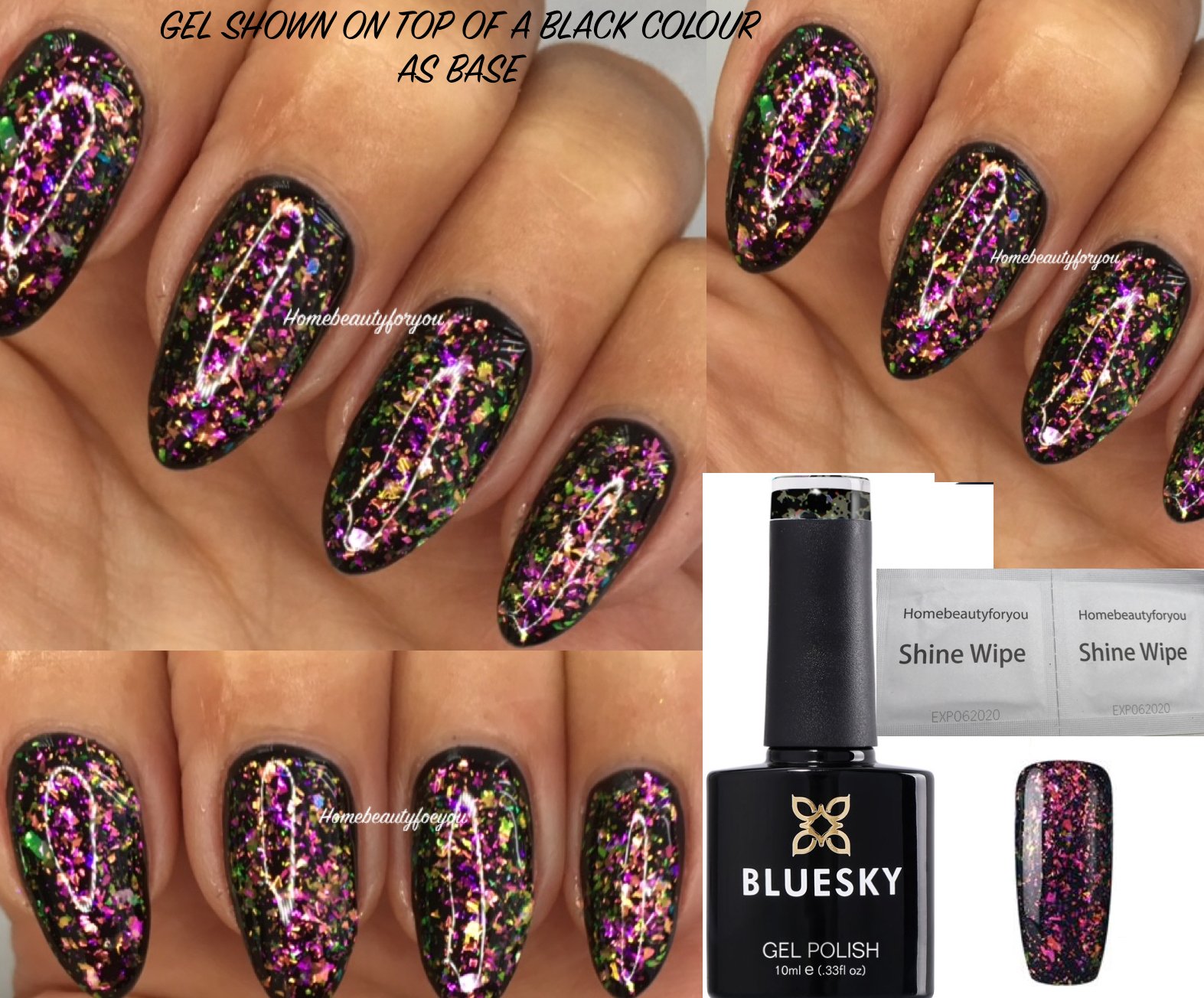 Bluesky Galaxy 02 Chameleon Flakes Nail Gel Polish UV LED Soak Off 10ml .Please Note - a Clear Gel with Chameleon Flakes, A Black Gel Used as the first coat for the Effect in the Picture.