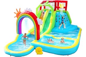 WELLFUNTIME Inflatable Water Double Slides Park with Blower, Bouncy Castle with Rainbow Water Curtain, with Shooting and Rock Climbing