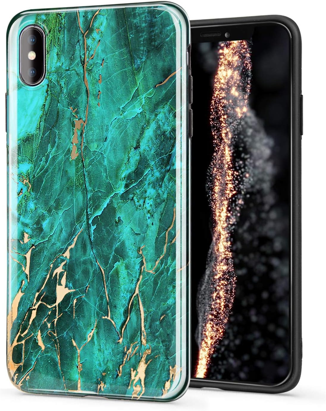 Imikoko iPhone Xs Case iPhone X Stylish Shiny Gold Green Marble Design Glitter Sparkle Black Bumper Case Glossy TPU Soft Rubber Silicone Cover for iPhone X/Xs 5.8 Inch (Lake Green)
