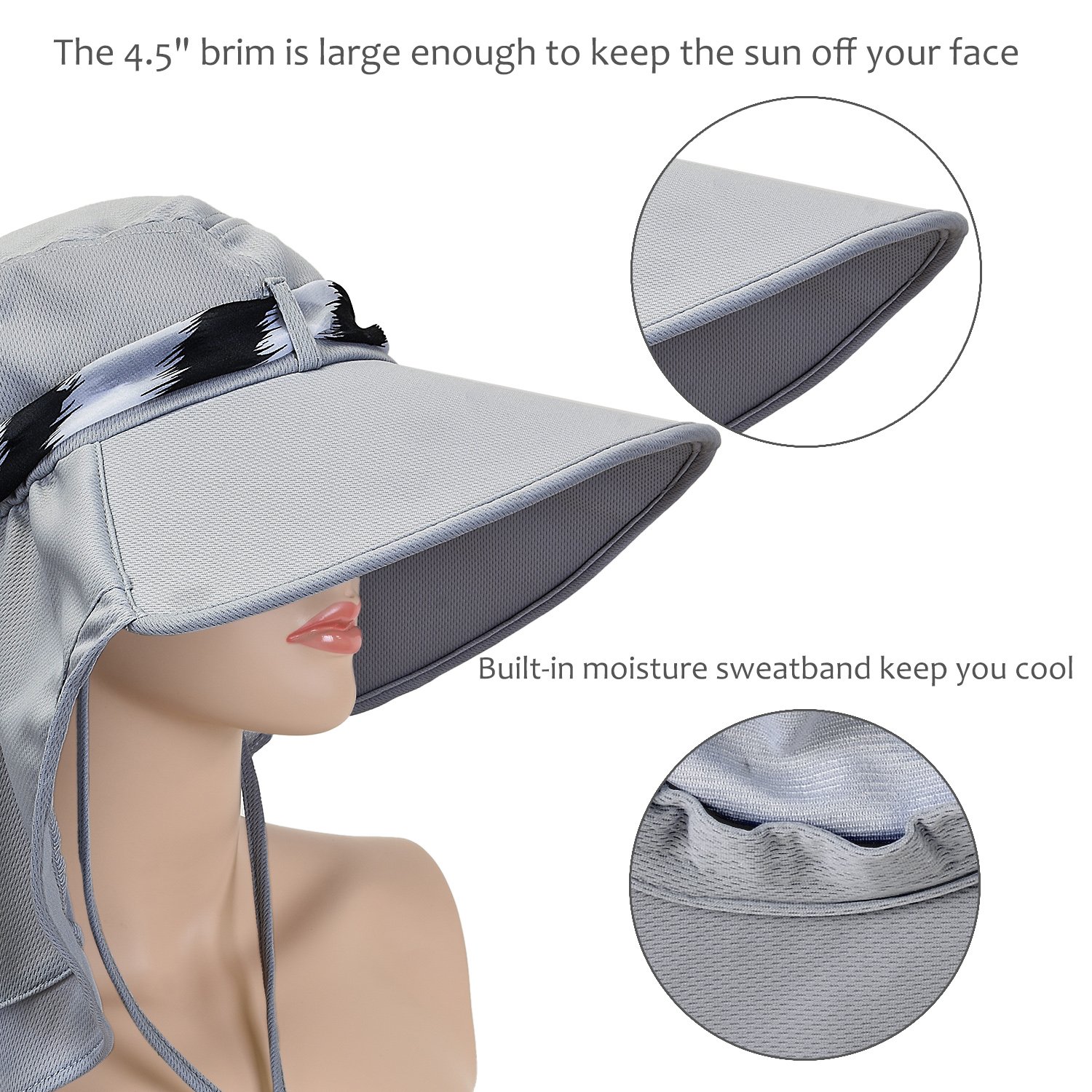 Solaris Women’s Sun Hat Neck Flap Wide Brim UV Protection UPF 50+ Foldable Fishing Cap with Extra Replaceable Ribbon Silver