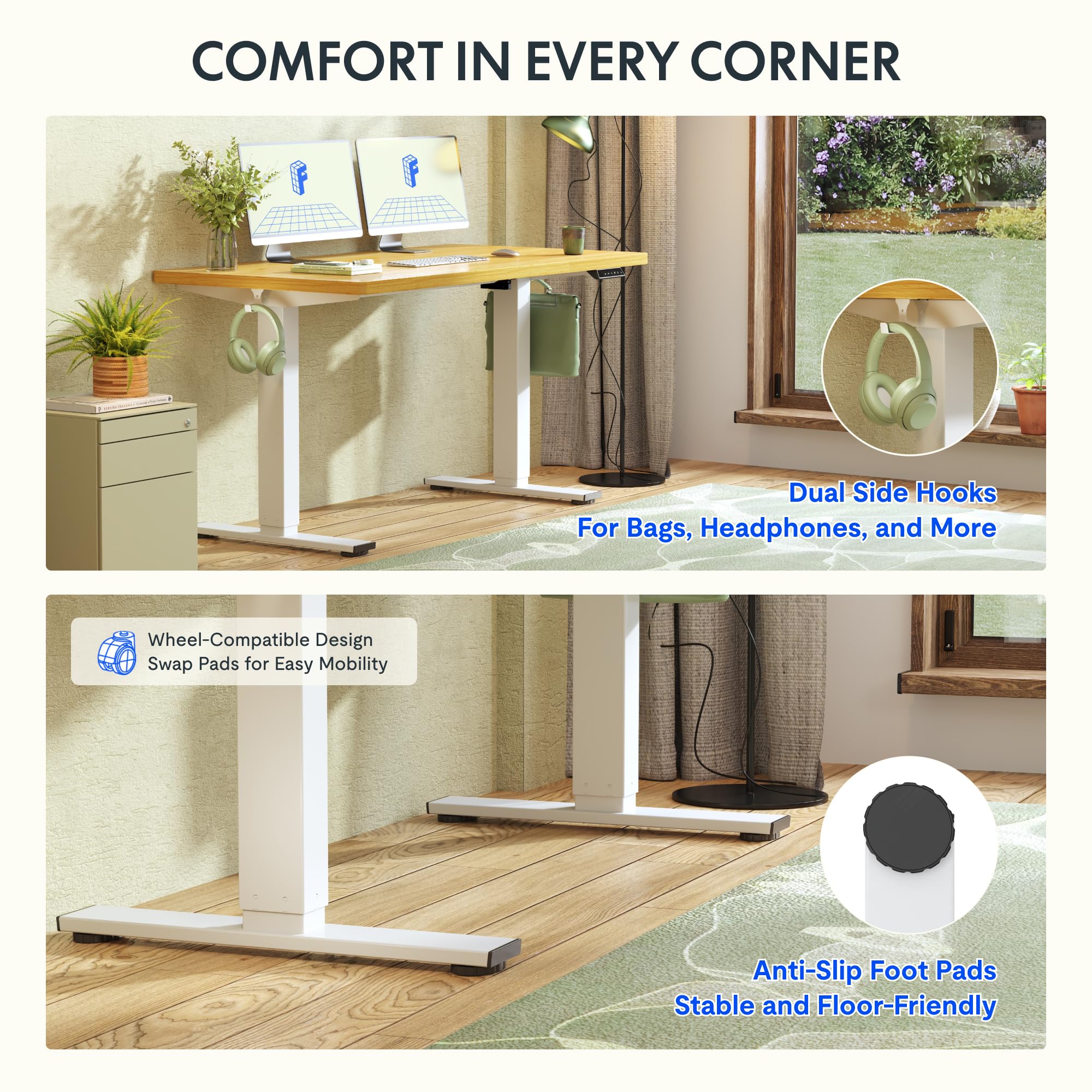 FLEXISPOT Höhenverstellbarer Schreibtisch 140×80cm, mit Haken und 25mm EINTEILIGER Tischplatte, ergonomischer Schreibtisch mit LED-Höhenanzeige und Memory-Funktion (Weiß, Weiß) 5