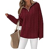 PRETTYGARDEN Womens Spring Sweaters 2026 Long Sleeve Quarter Zip Pullover Sweater Casual Loose V Neck Cable Knit Jumper Tops