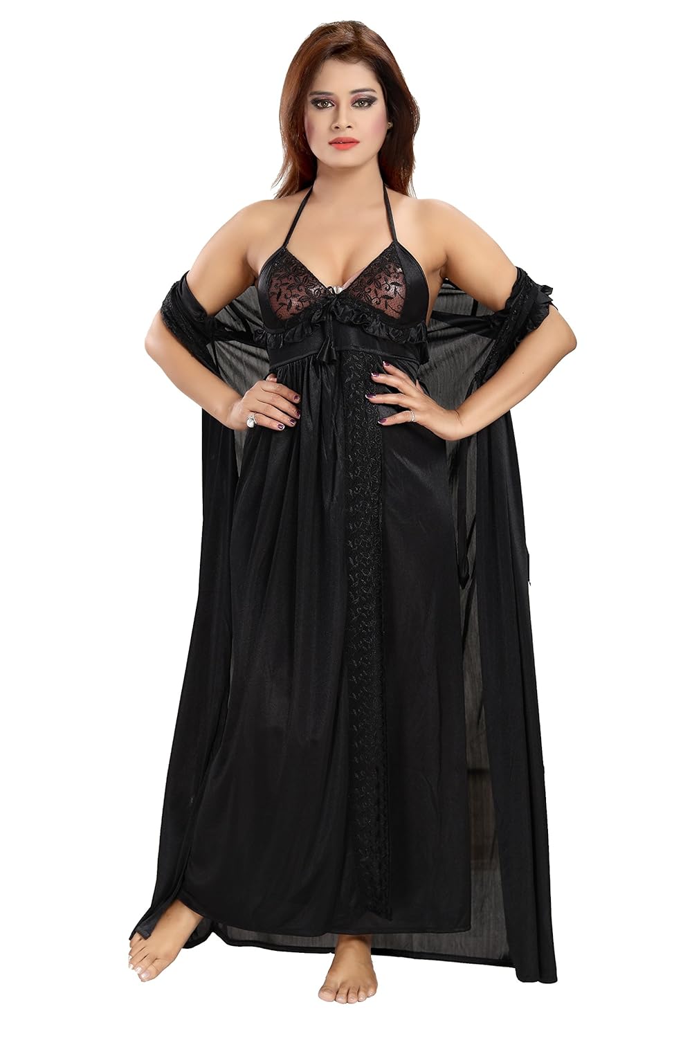 romaisa women's lace work nightdress with robe (size - s-m-l) (pack of 2)