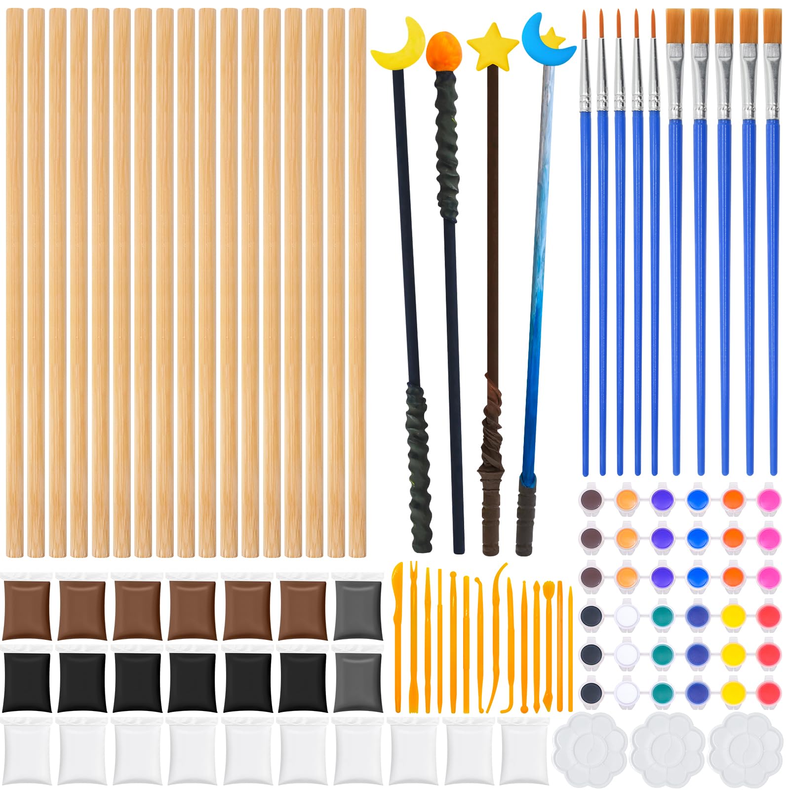 Sheryl&Rain 32 Wizard Wand Crafting Set, DIY Wooden Wand Craft Set, Wood, with 4 Colours of Clay, 12 Acrylic Paints, 14 Shaping Tools, Magical Wands Making Kit for Birthday Party
