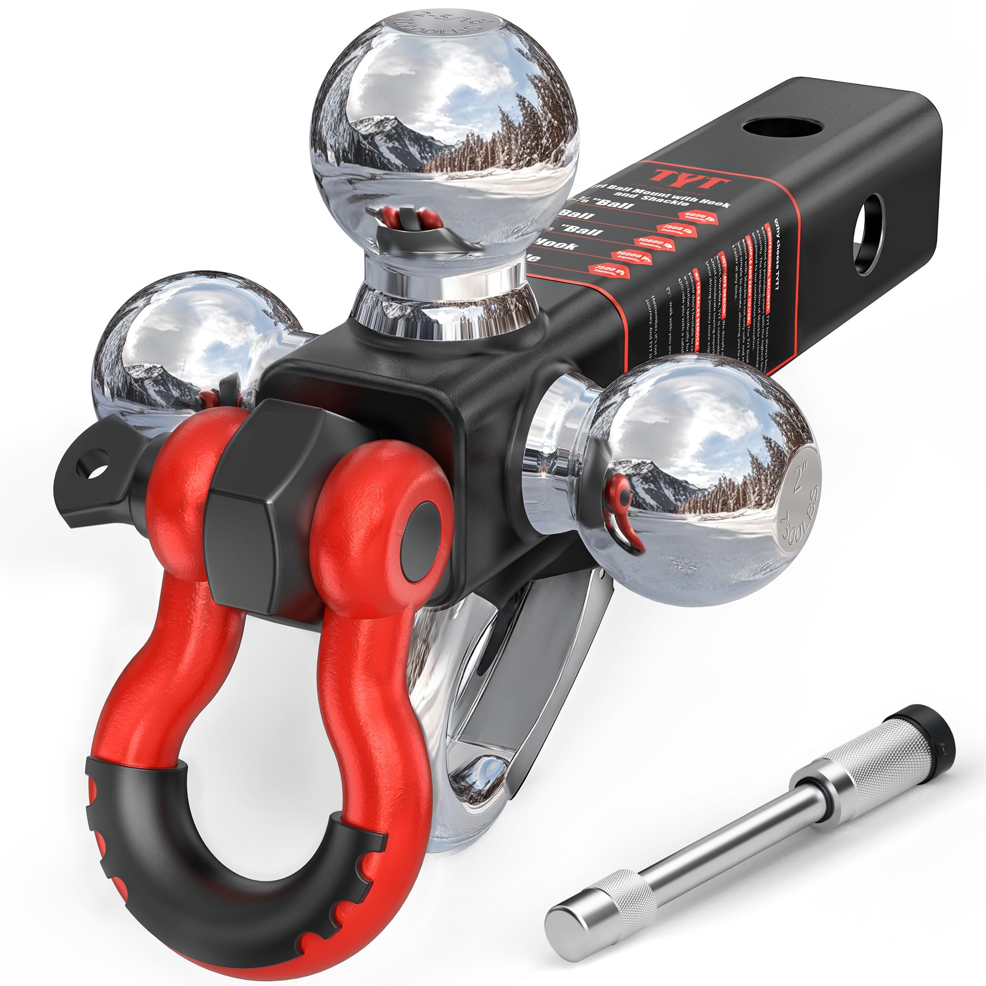 Photo 1 of TYT Tri Ball Mount Trailer Hitch ?Fits 2 inch Receiver, Triple Balls (1-7/8", 2", 2-5/16") with Tow Hook & Shackle,10,000lbs GTW,1,000 lbs Tongue Weight, Includes Hitch Pin Lock