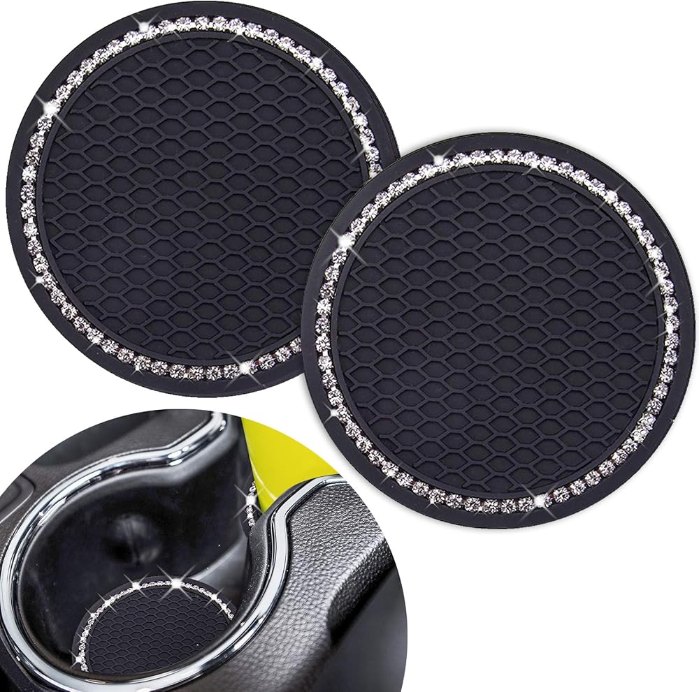 Dermasy Cute Car Cup Coaster 2PCS 2.75 inch Silicone Anti Slip Bling Rhinestone