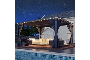 EROMMY 10x12FT Louvered Pergola Outdoor Sun Shade Shelter with Aluminum Frame and Adjustable Metal Rainproof Roof for Garden & Patio, Curtains and Netting Included, Gray-Black