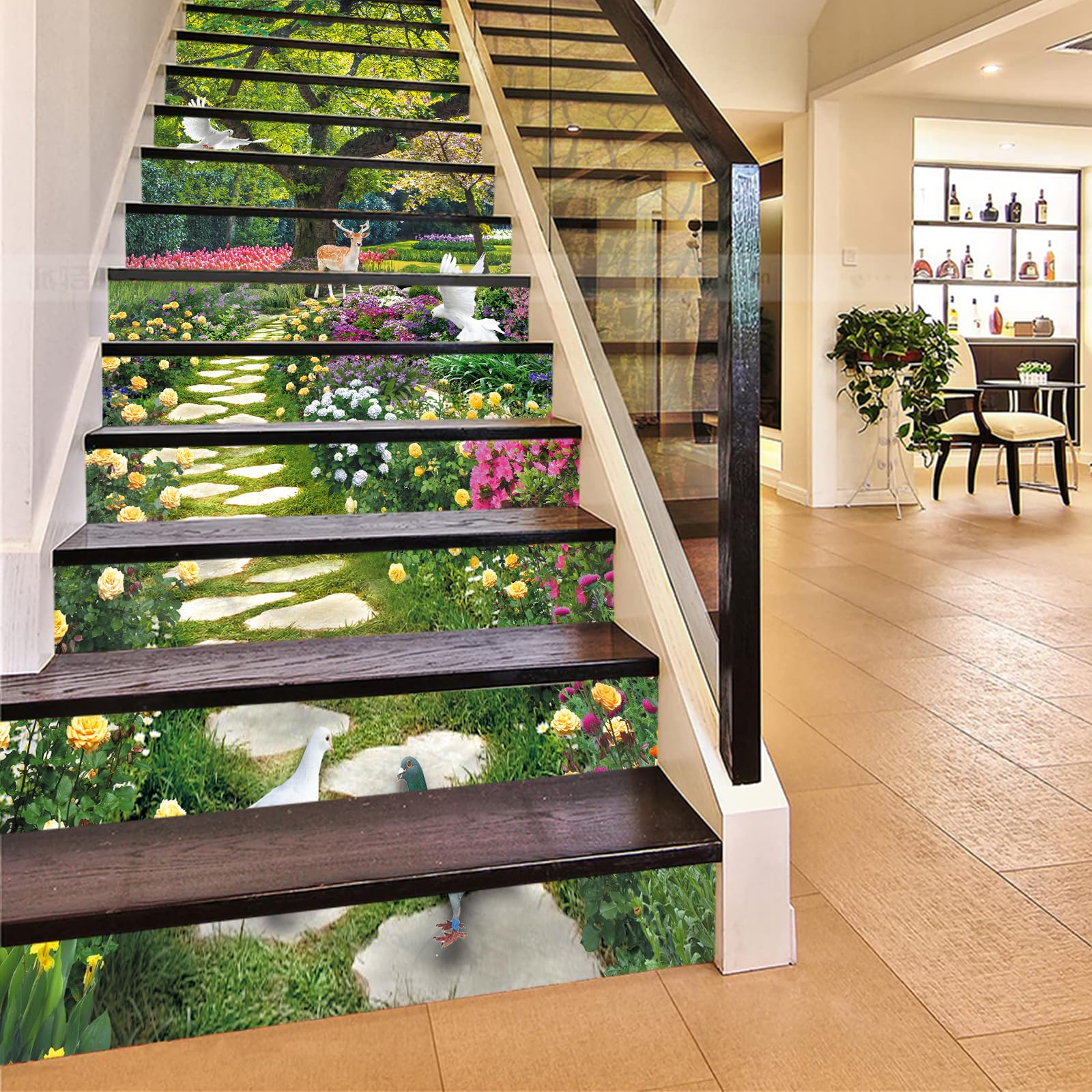 FLFK 13Pcs Stair Risers Stickers Peel and Sick 39.37"x7.08",Self-Adhesive Staircase Stickers Decals, Spring Garden Flower Birds Mural Wallpaper for Stair Steps