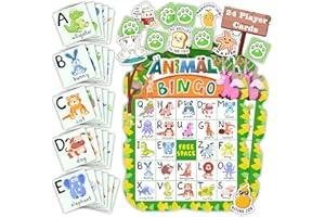 MONENFANCE Animal Bingo Game for Kids Toddler Adults Family, Animal Bingo Cards Letter Recognition Jungle Safari Party Game with 24 Players & 40Pcs Punny Stickers for Party Favors Kindergarten Activity Supplies
