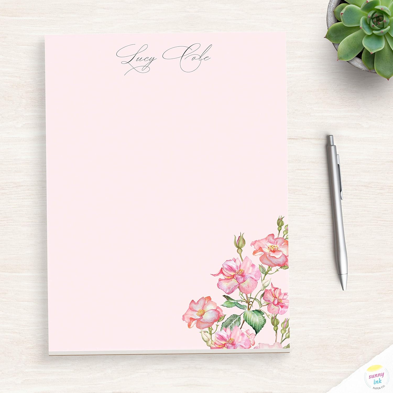 Pink Rose Notepad Personalized Stationery Writing Paper Floral Notepad Pretty