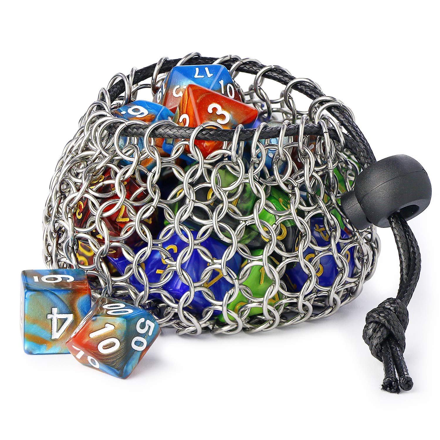 YOUSHARES Drawstring D&D Dice Bag - Large Capacity Stainless Steel Chainmail Dice Bag for Dungeons and Dragons Dice Set (Hold 3 Sets)