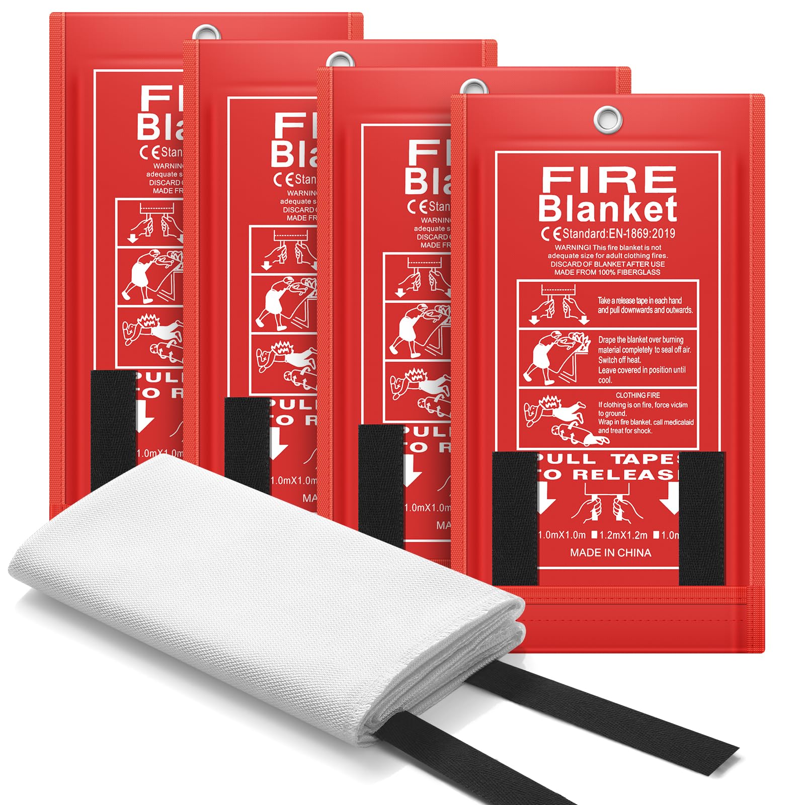 FLASLD Fire Blanket for Home and Kitchen, Fiberglass Fire Blankets Emergency for People, Flame Retardant Protection and Heat Insulation (100cm x 100cm - 4 Pack)