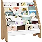 CHOEZON 6-Tier Kids Bookshelf, Book Shelf for Kids Room, Sling Bookcase, Magazine and Book Storage Rack, Large Capacity Book Organizer for Nursery, Bedroom, Playroom, White and Natural MCW07WB