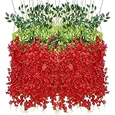 WONICE Artificial Wisteria Hanging Flowers Fake Wisteria Flower Garland Silk Vines Rattan Decor for Home Wedding Arch Wall Garden Greenery Bedroom Outdoor Office Party Decoration(24, Red)