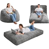 Hobestluk Large Bean Bag Chairs Convertible 3 in 1 Adults BeanBag Couch | Stripe,3 IN 1 Design,Memory Foam Filling,Portable Handle,Comfy Sofa Couch Lounger for Living Room Bedroom | Grey TWIN Size