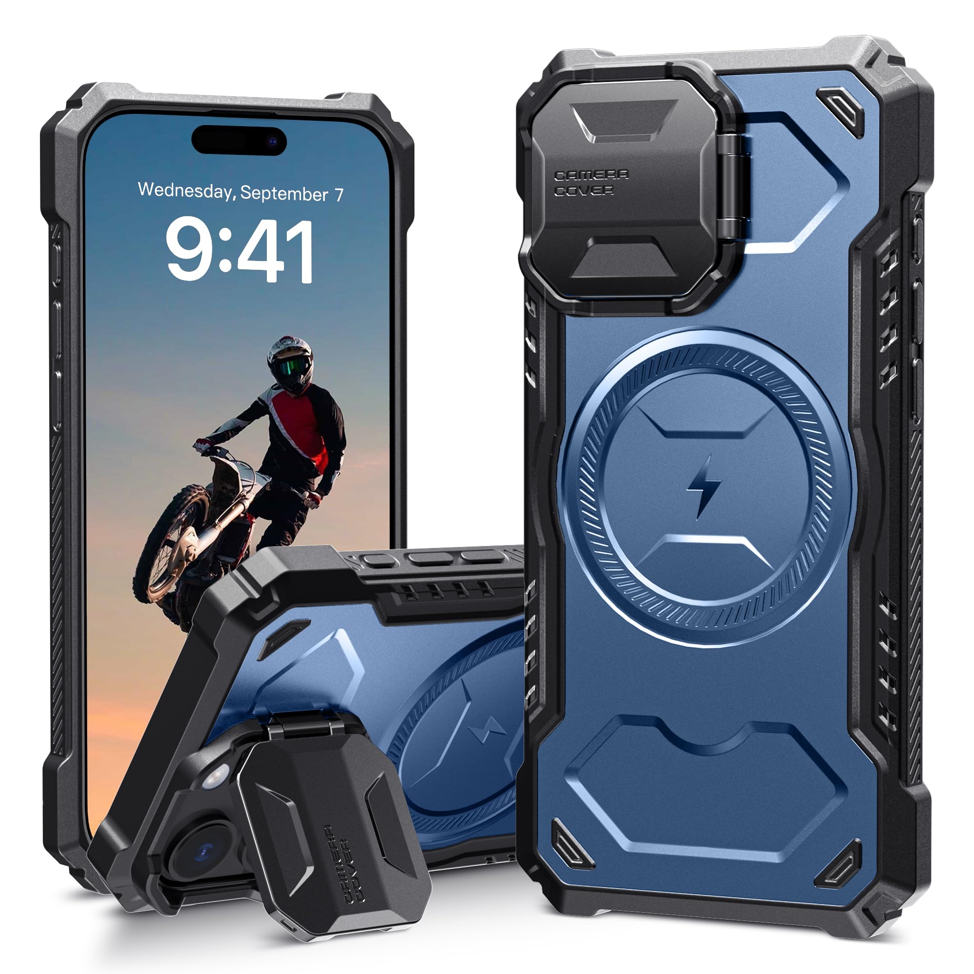 ALAFLY for iPhone 16 Pro Max Case with Camera Cover Kickstand [Compatible With MagSafe], Build-In Magnet Shockproof Protective Case, Heavy Duty Military Grade Protection, Blue