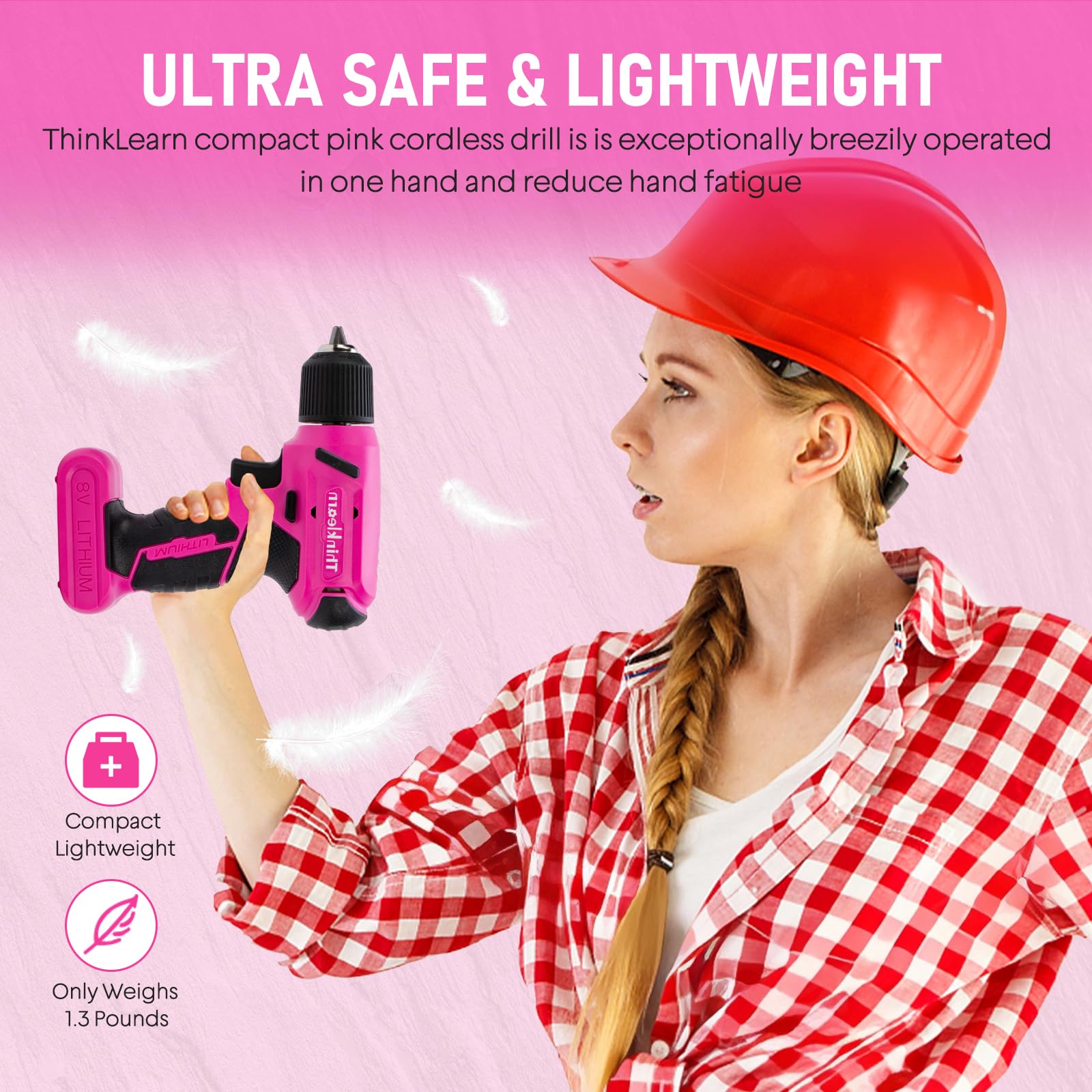 8V Pink Cordless Drill Set, Electric Screwdriver Drill Driver Set with 3/8