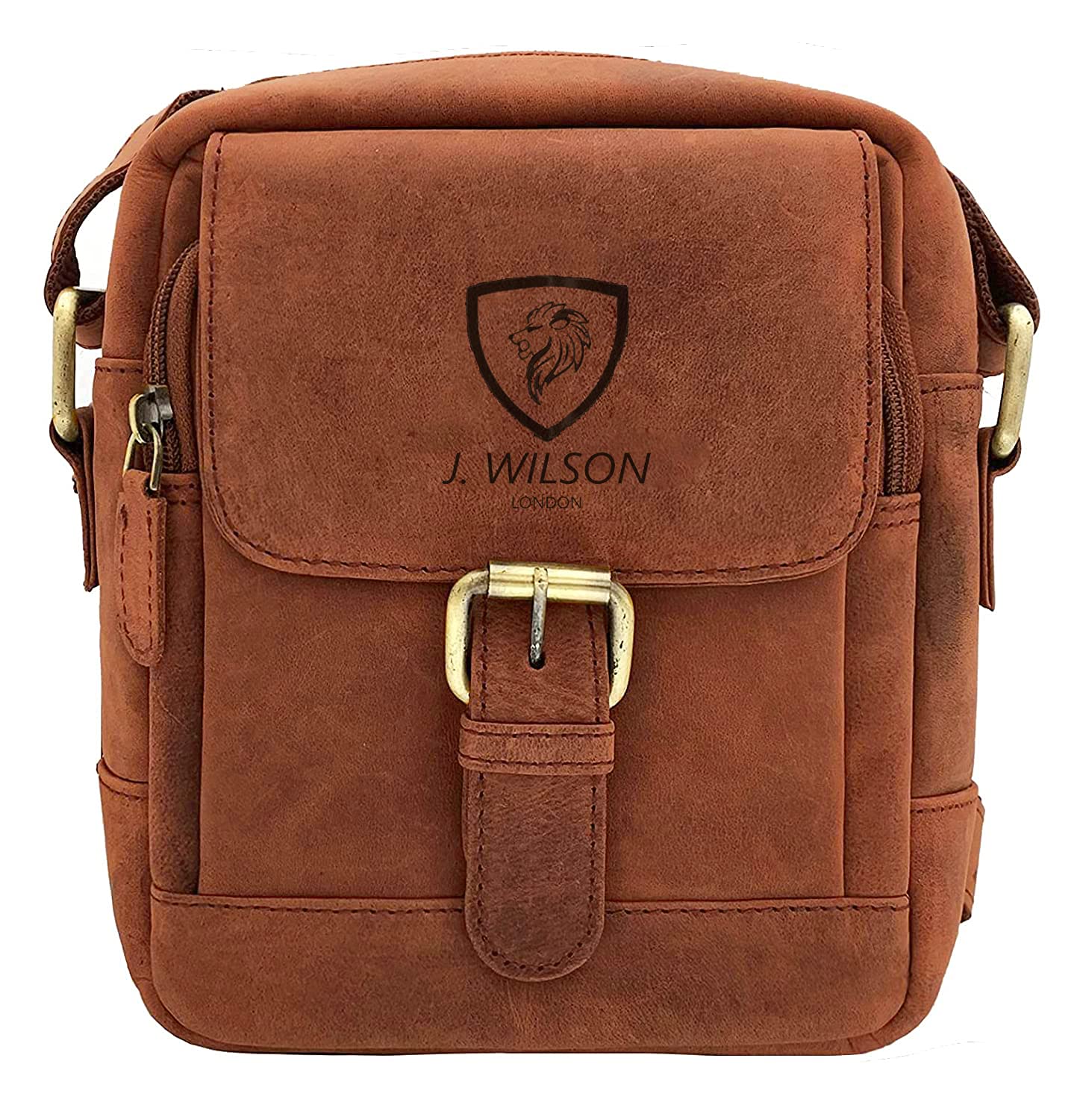 J. Wilson London - Genuine Real Veg Tan VT Handmade Unisex Crossover Flapover Everyday Crossover Work Tote Shoulder Messenger Bag (Distress Oiled Tan)