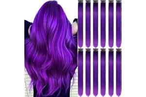 Olldag 12 PCS Purple Hair Extensions Clip in, 22-Inch Colored Hair Extensions Party Highlights Long Straight Synthetic Hairpieces for Women Kids Girls Halloween Christmas Cosplay