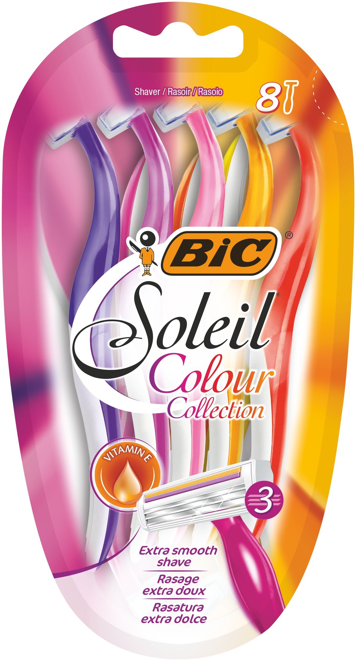 BIC Miss Soleil Colour Collection 3-Blade Razors for Women with Easy Grip Handle and Lubricating Strips, Pack of 8