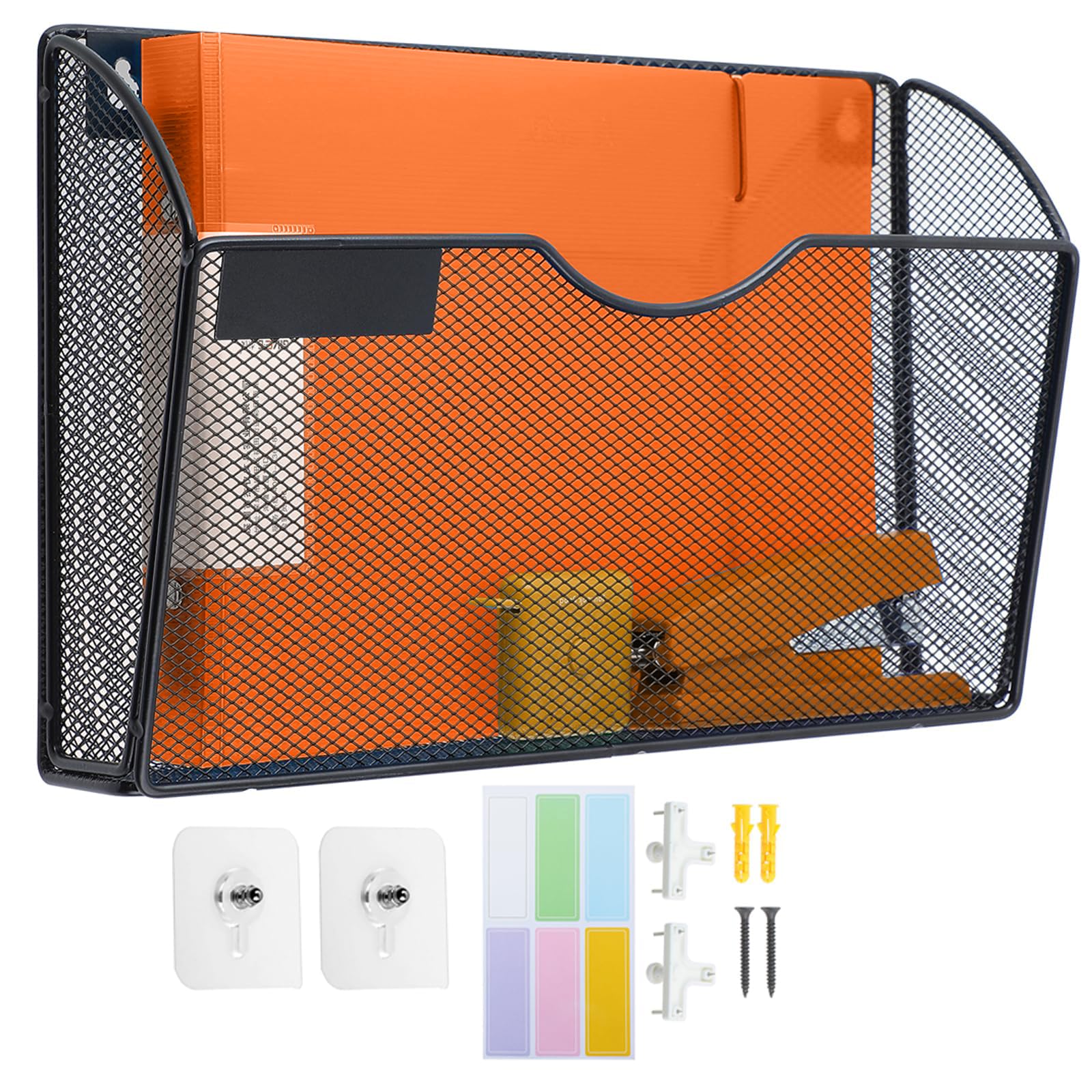 PLSOPPKG 1 Tier Hanging Wall File Holder, Metal Mesh Magazine Rack, A4 Wall Pocket File Holder, Mail Organiser Magazine Storage Rack, Wall Mounted File Organizer, Black
