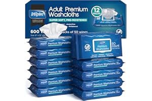 Inspire Adult Wet Wipes, Wash Cloths | Adult Wipes for Incontinence & Cleansing for Elderly, 8"x12" Count 12 packs of 50