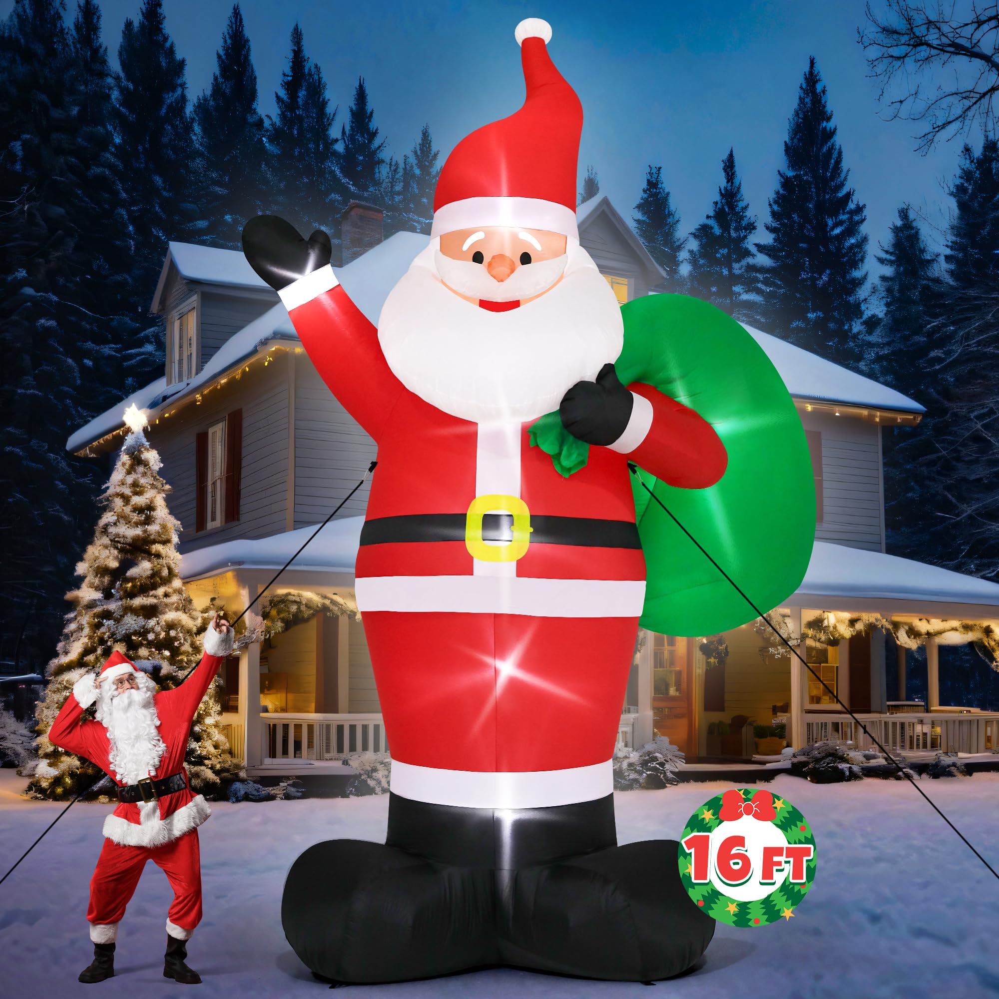 Photo 1 of 16FT Inflatable Christmas Santa, Giant Outdoor Santa Claus Blow Up Decorations with LED Lights, Waterproof Holiday Yard Decoration for Lawn, Garden, Xmas Party (16H x 9.8W x 5.2D ft)