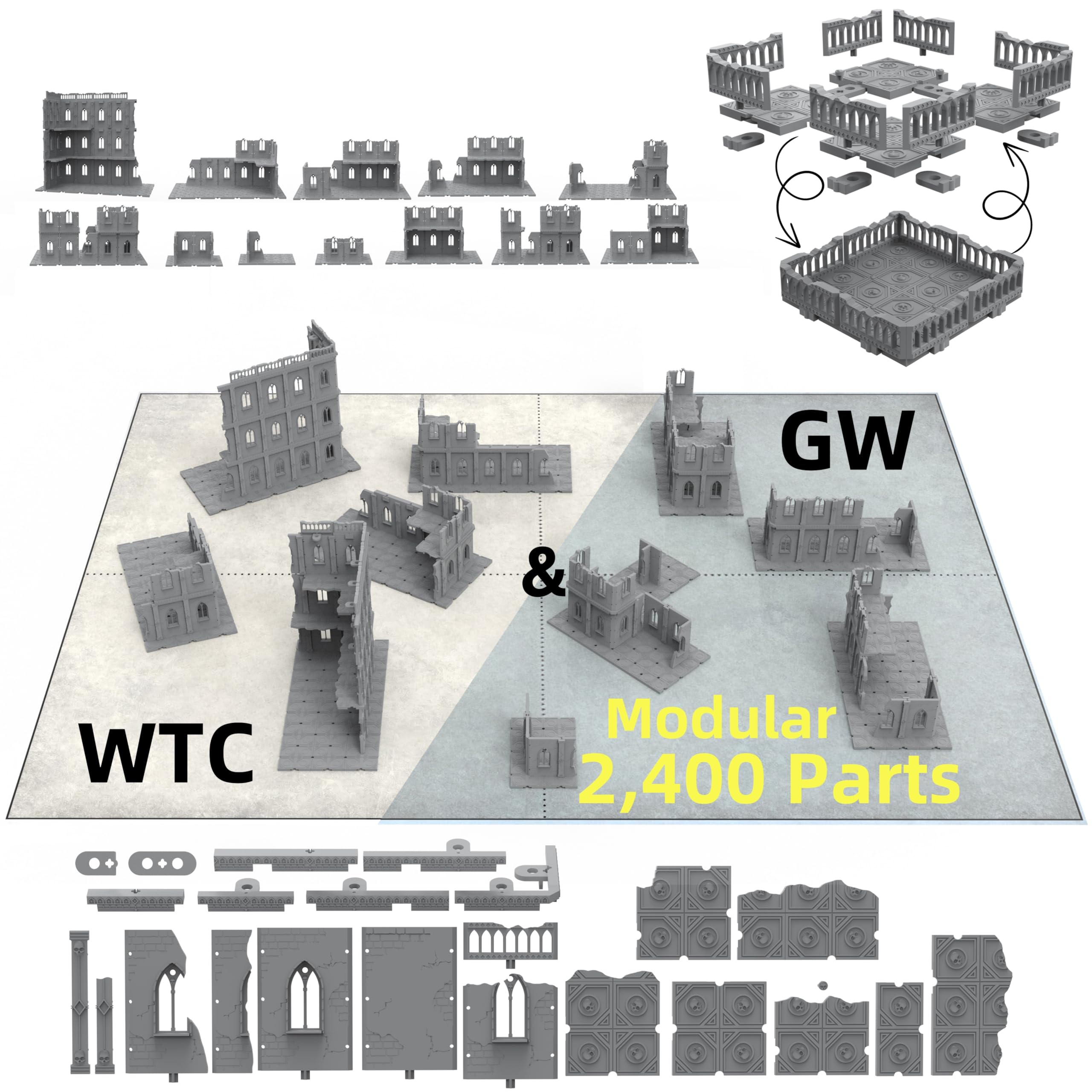 AliKids Modular Terrain Ruin for Wargame WH40K, Compatible with 10E GW & W-T-C, HIPS Plastic Injection Molding (Full-Table Set)
