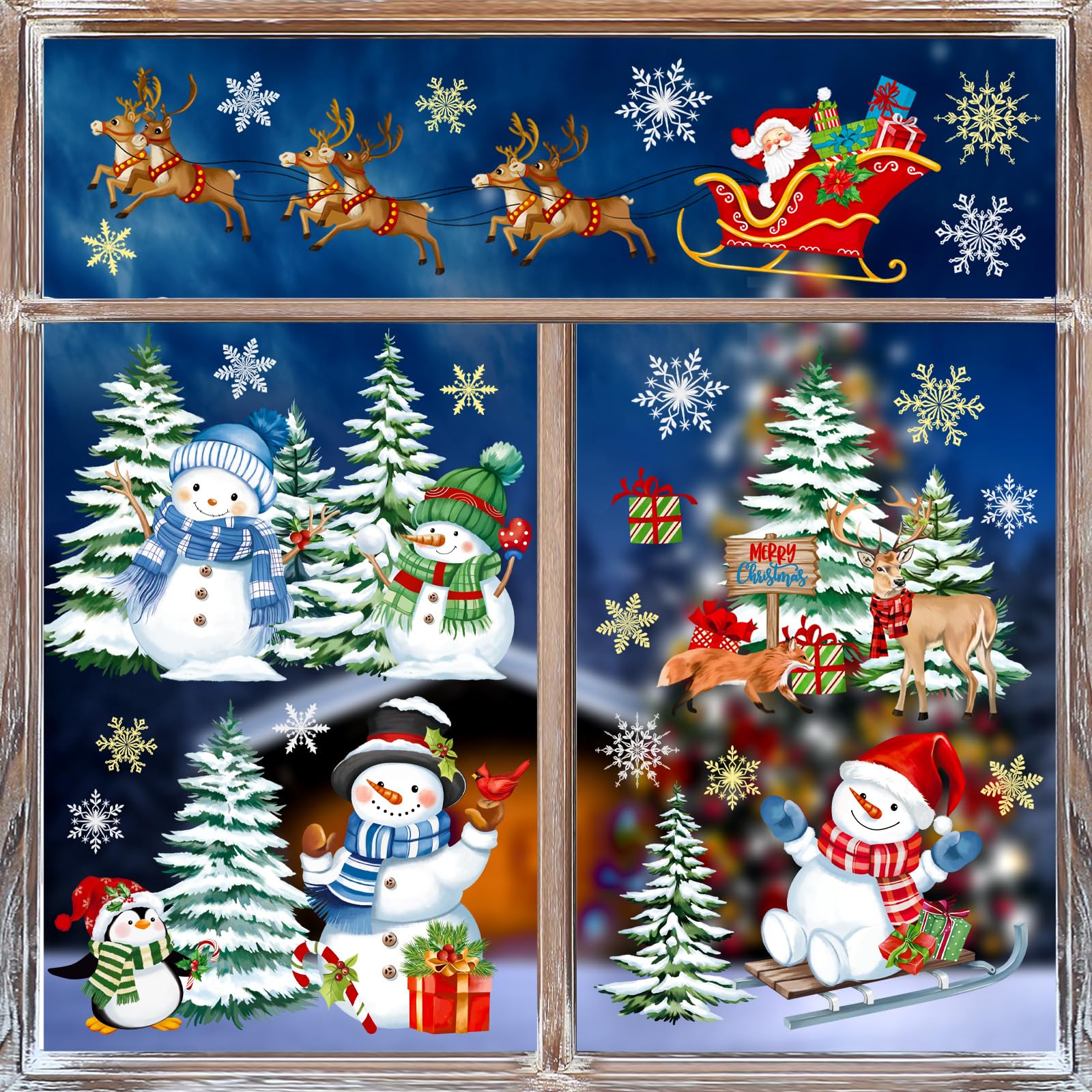decalmile Christmas Winter Snowman Reindeer Window Clings Reusable Santa Claus Elk Xmas Tree Window Decals Double Side Printed Window Stickers Glass Door Home Party Shop Showcase Decoration