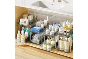 Delamu 4 Sets of 2-Tier Grey Under Sink Organizers and Storage, Multi-Purpose Stackable Bathroom Cabinet organizers, Pull Out