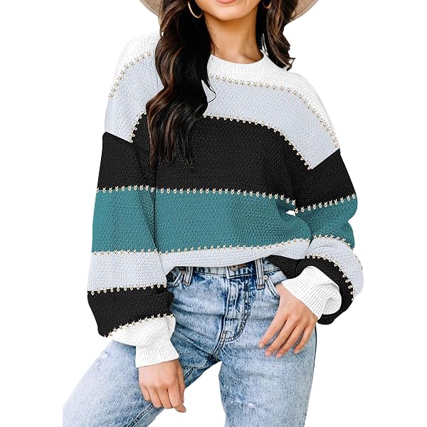 Gray Stripe Color Block Round Neck Sweater For Women