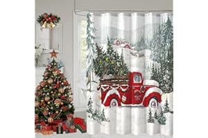 YOSTEV Christmas Shower Curtain Red Truck Christmas Tree Shower Curtains for Bathroom Winter Vintage Rustic Retro Farmhouse Bathroom Curtain Xmas Pine Fabric Cloth Bath Curtain 72 x 72 Inch