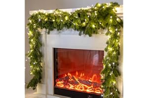 6FT Christmas Garland PARTY JOY Pine Garland with 9.8FT LED String Lights, Greenery Plant for Christmas Decorations Table Mantle Background Wall Room Outdoor Indoor Winter Decoration