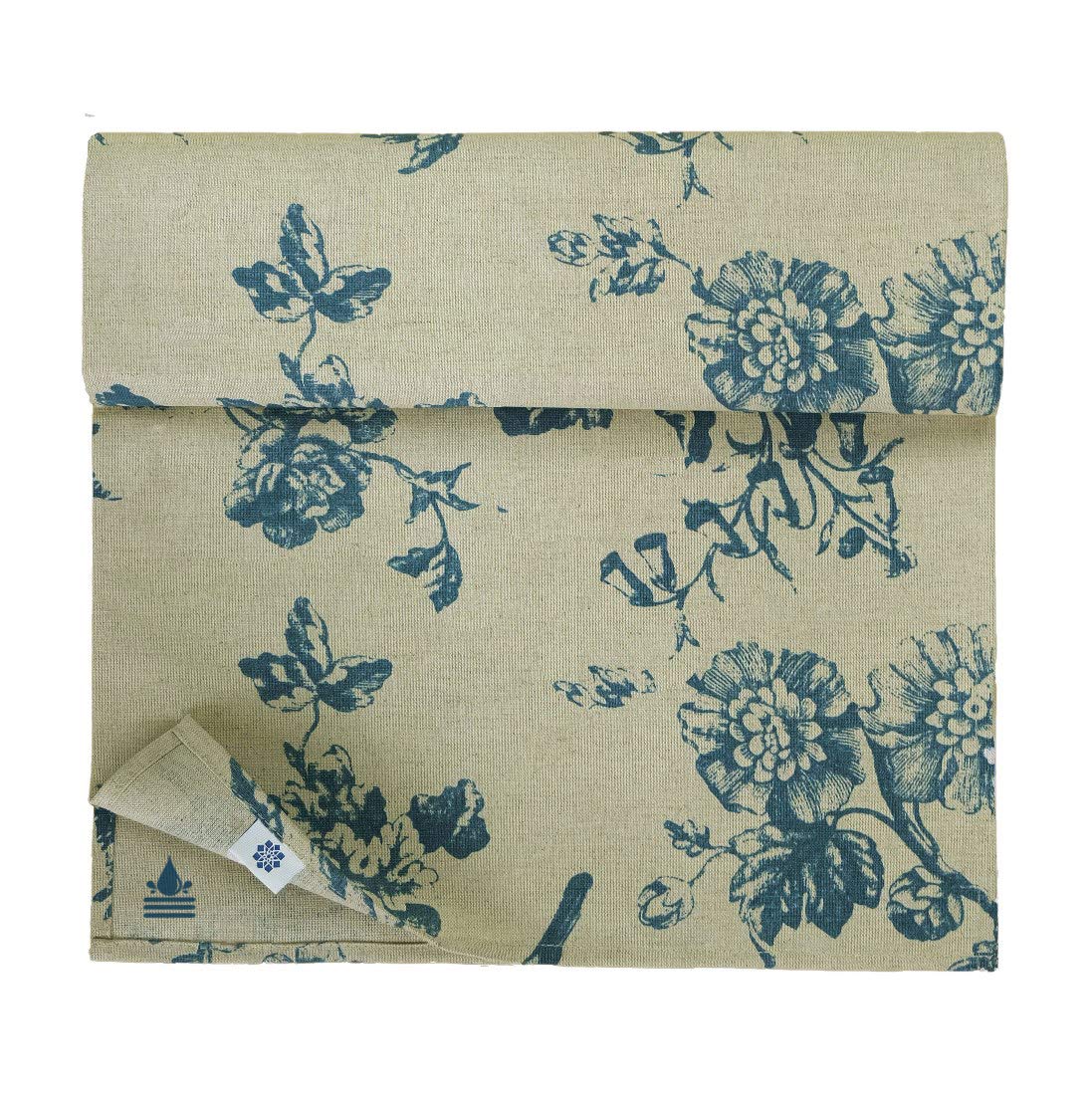 Linen & Cotton Waterproof Table Runner Fiore Floral Design - 59% Linen, 41% Cotton, Beige Blue (34 x 140 cm) Water Stain Resistant Coated Table Runner Cloth Non-Slip Easy Care for Home Garden Outdoor