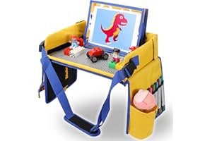 MINNE BABY Kids Travel Tray with Brick Baseplate, Toddler Car Seat Lap Tray, Dry Erase Board & Snacks Table in Car for Child Road Trip, Blue
