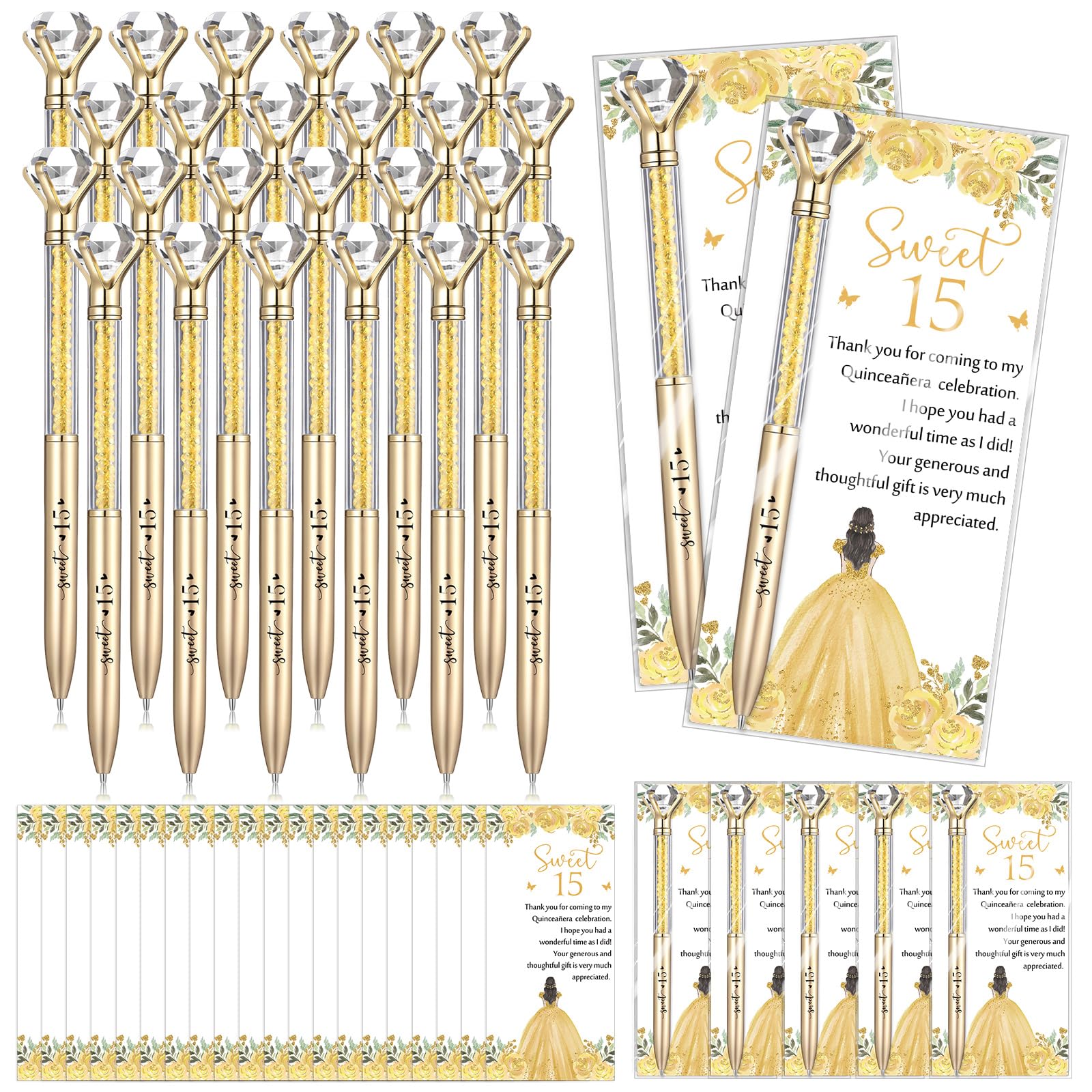 Photo 1 of Sayglossy 50 Sets Quinceanera Party Favors Sweet 15th Thank You Gifts Big Crystal Diamond Pens with Thank You Cards Retractable Ballpoint Bling Pens 15 Birthday Mis Quince Gifts for Guests(Gold)
